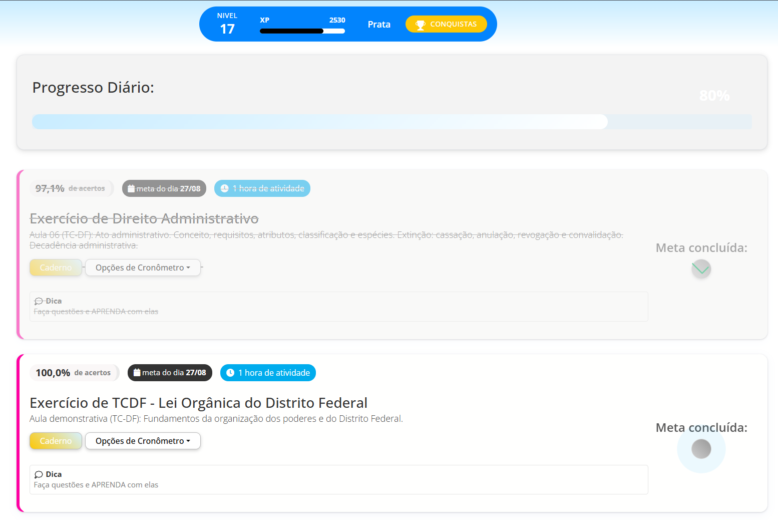 Tela de progresso diário com metas de exercícios e revisões